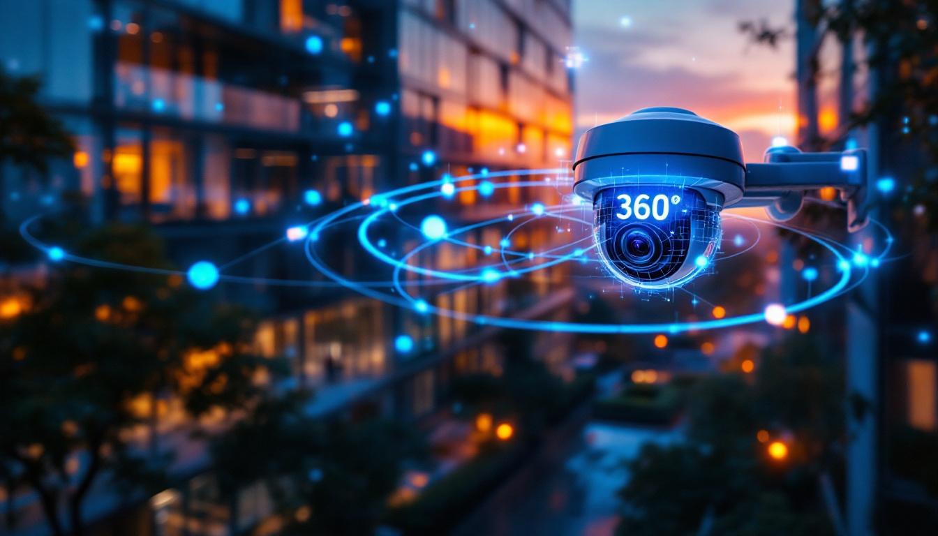 Modernes Bürogebäude mit KI-gestützter 360-Grad-Überwachungskamera und digitalen Sicherheits-Overlays