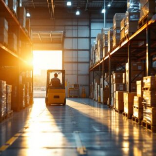 Modernes Logistik-Lager mit Paletten, Gabelstapler und Liefer-LKW im goldenen Abendlicht