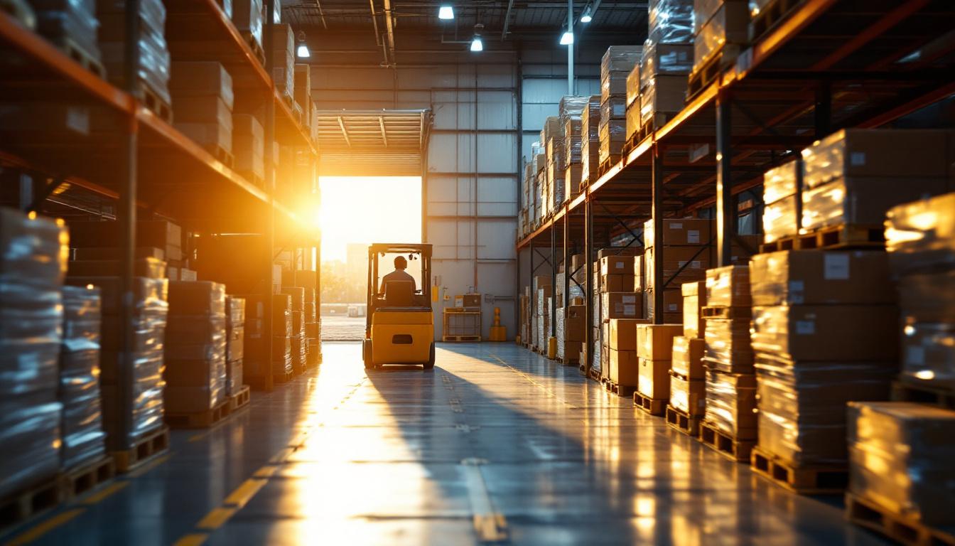 Modernes Logistik-Lager mit Paletten, Gabelstapler und Liefer-LKW im goldenen Abendlicht