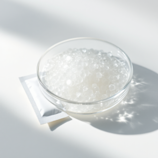 Silica Gel Kügelchen in einer Glasschale auf weißem Untergrund mit weißem Sachet