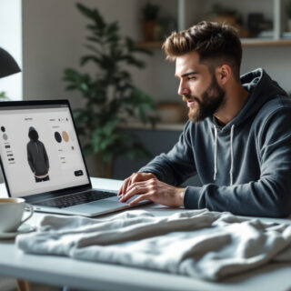 Gruender gestaltet einen Hoodie mit eigenem Design ueber ein Online-Design-Tool am Laptop