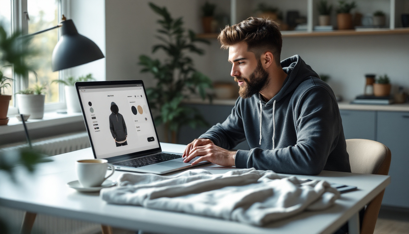 Gruender gestaltet einen Hoodie mit eigenem Design ueber ein Online-Design-Tool am Laptop
