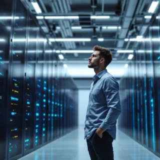 Startup-Gründer im Rechenzentrum betrachtet beleuchtete Serverschränke – Serverlösungen für Startups
