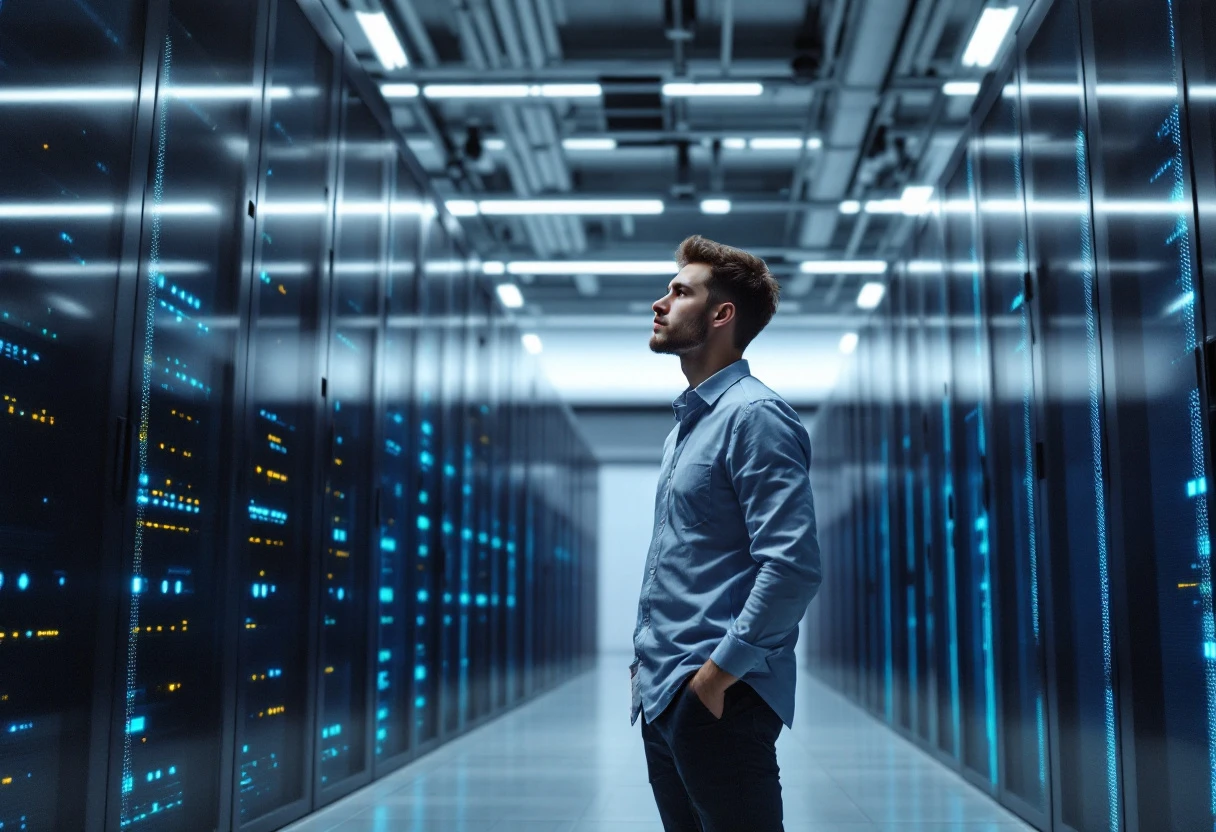 Startup-Gründer im Rechenzentrum betrachtet beleuchtete Serverschränke – Serverlösungen für Startups