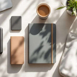 Flat-Lay hochwertiger Werbeartikel für Startups: Powerbank, Notizbuch, Bambusbecher, Baumwoll-Tote-Bag und Trinkflasche auf hellem Schreibtisch