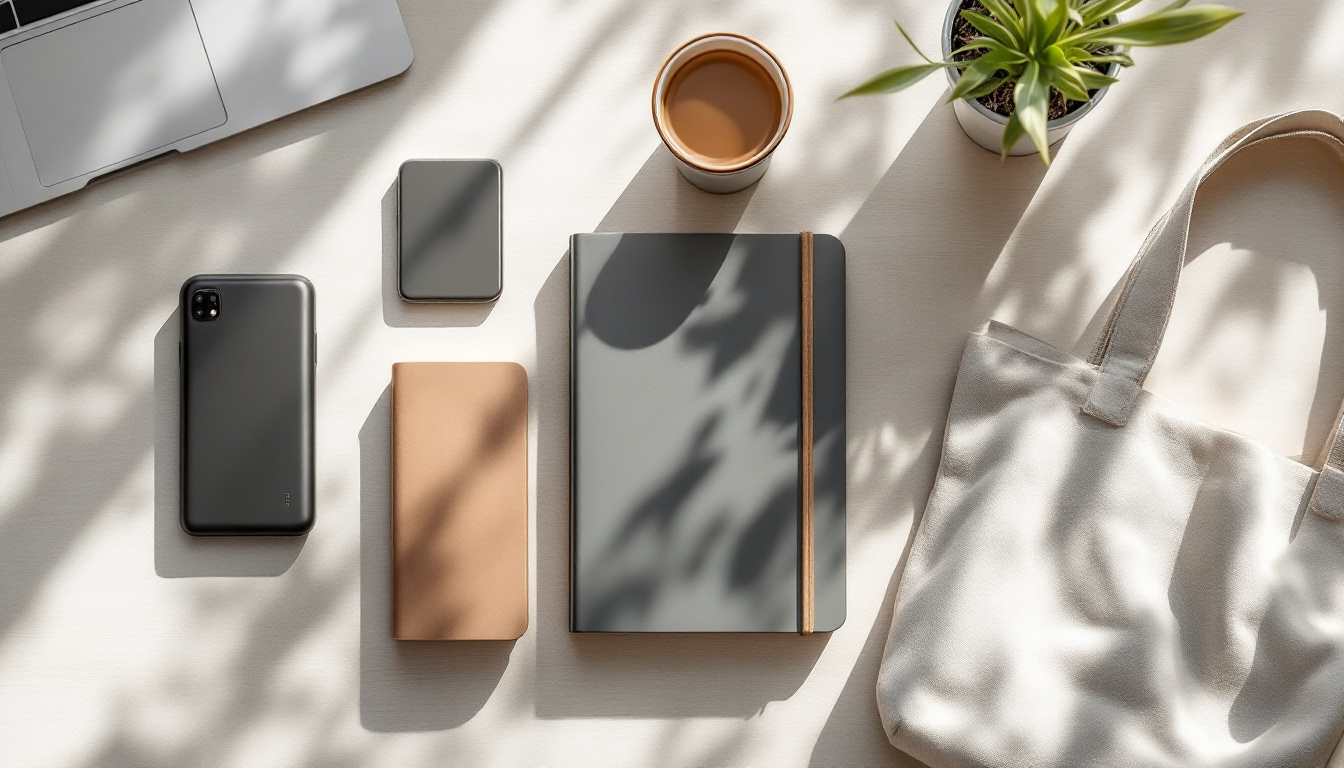 Flat-Lay hochwertiger Werbeartikel für Startups: Powerbank, Notizbuch, Bambusbecher, Baumwoll-Tote-Bag und Trinkflasche auf hellem Schreibtisch