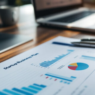 Businessplan mit Charts und Finanzplanung auf einem Schreibtisch neben Laptop