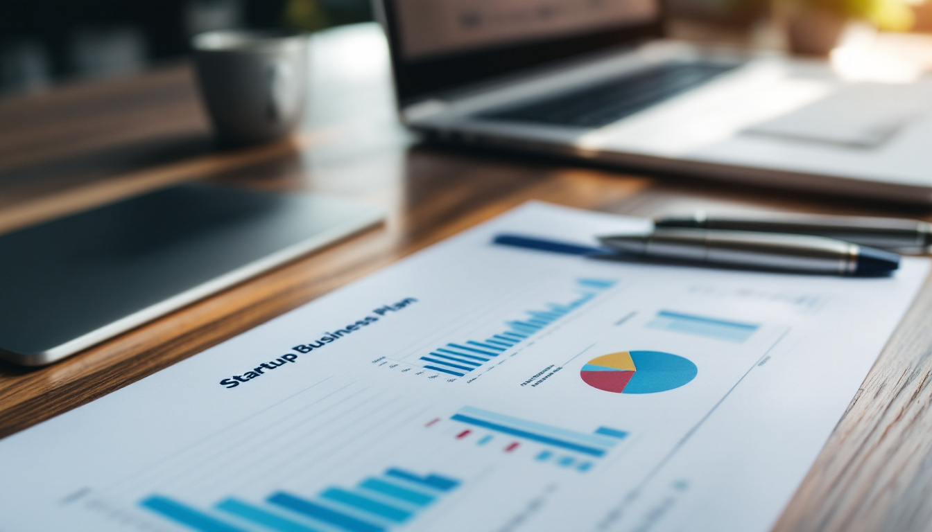 Businessplan – Startup-Geschäftsplan mit Charts und Finanzplanung auf dem Schreibtisch