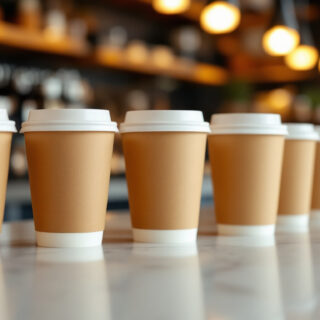Reihe identischer Coffee-to-go-Becher als Sinnbild fuer das replizierbare Franchise-Konzept