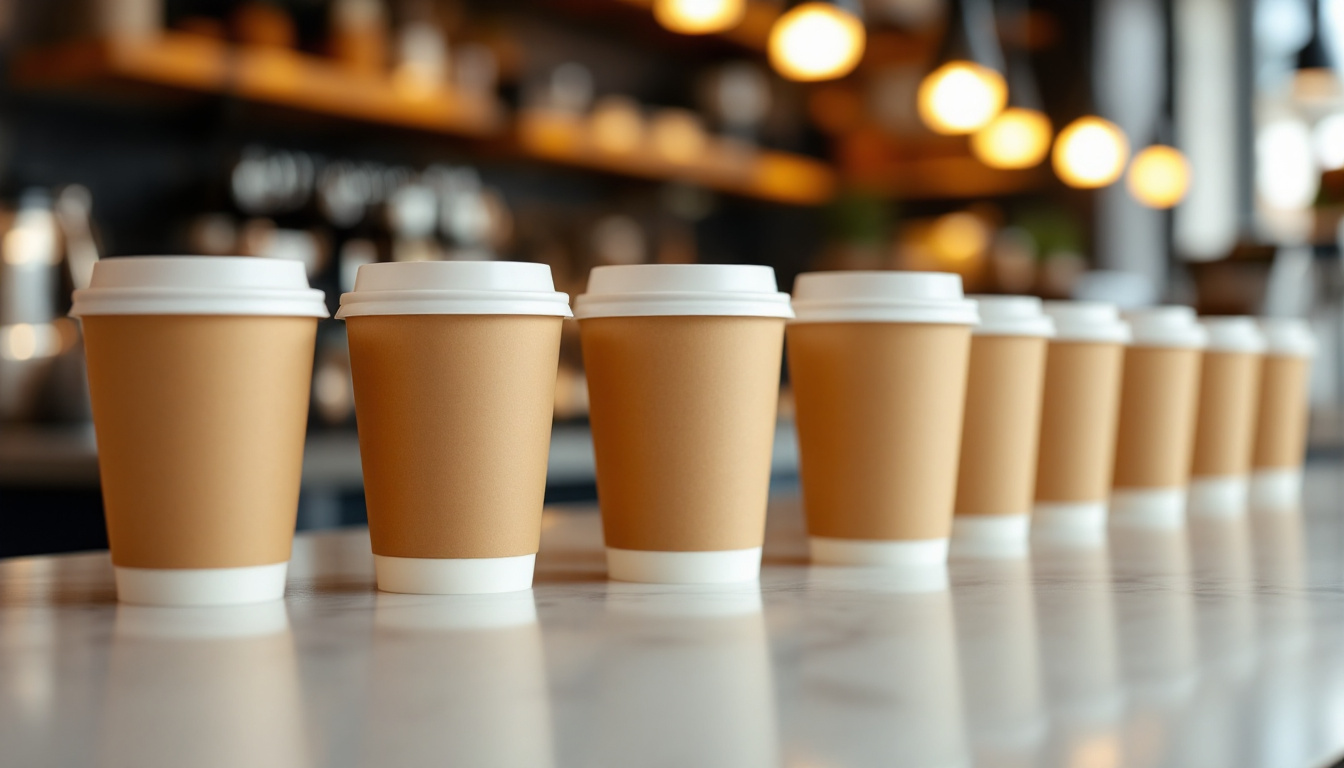 Reihe identischer Coffee-to-go-Becher als Sinnbild fuer das replizierbare Franchise-Konzept