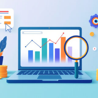 Laptop mit Performance-Marketing-Dashboard, Lupe und Budget-Symbolen als Sinnbild für den Vergleich von Google Ads Agenturen