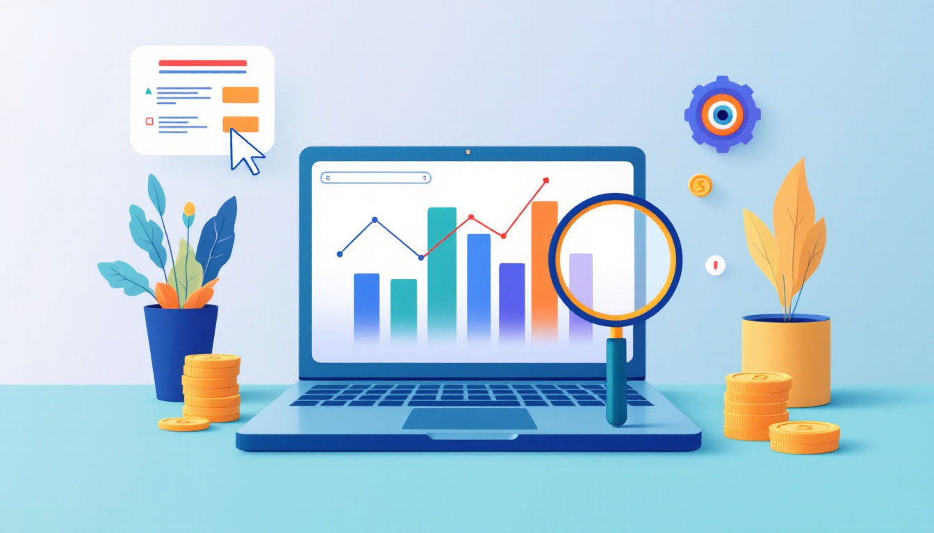 Laptop mit Performance-Marketing-Dashboard, Lupe und Budget-Symbolen als Sinnbild fuer den Vergleich von Google Ads Agenturen