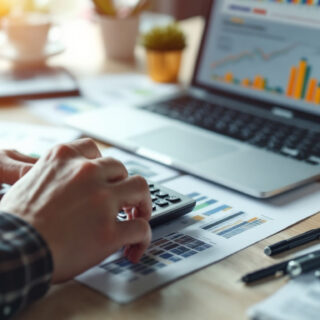 Person plant mit Taschenrechner, Finanzdiagrammen und Muenzstapeln die Liquiditaet eines Unternehmens