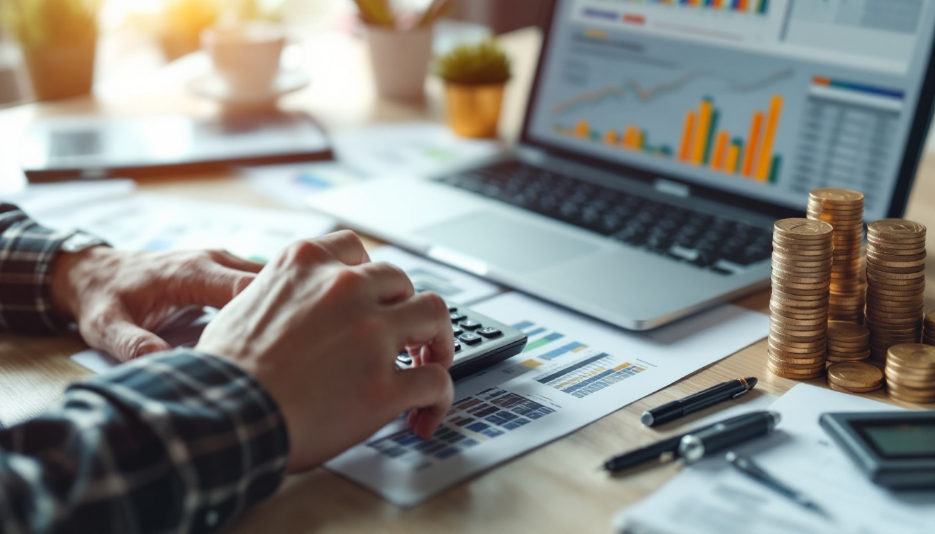 Person plant mit Taschenrechner, Finanzdiagrammen und Muenzstapeln die Liquiditaet eines Unternehmens