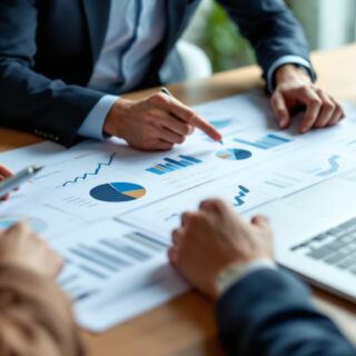 Team wertet gemeinsam Diagramme und Kennzahlen auf Papier zur Marktanalyse aus