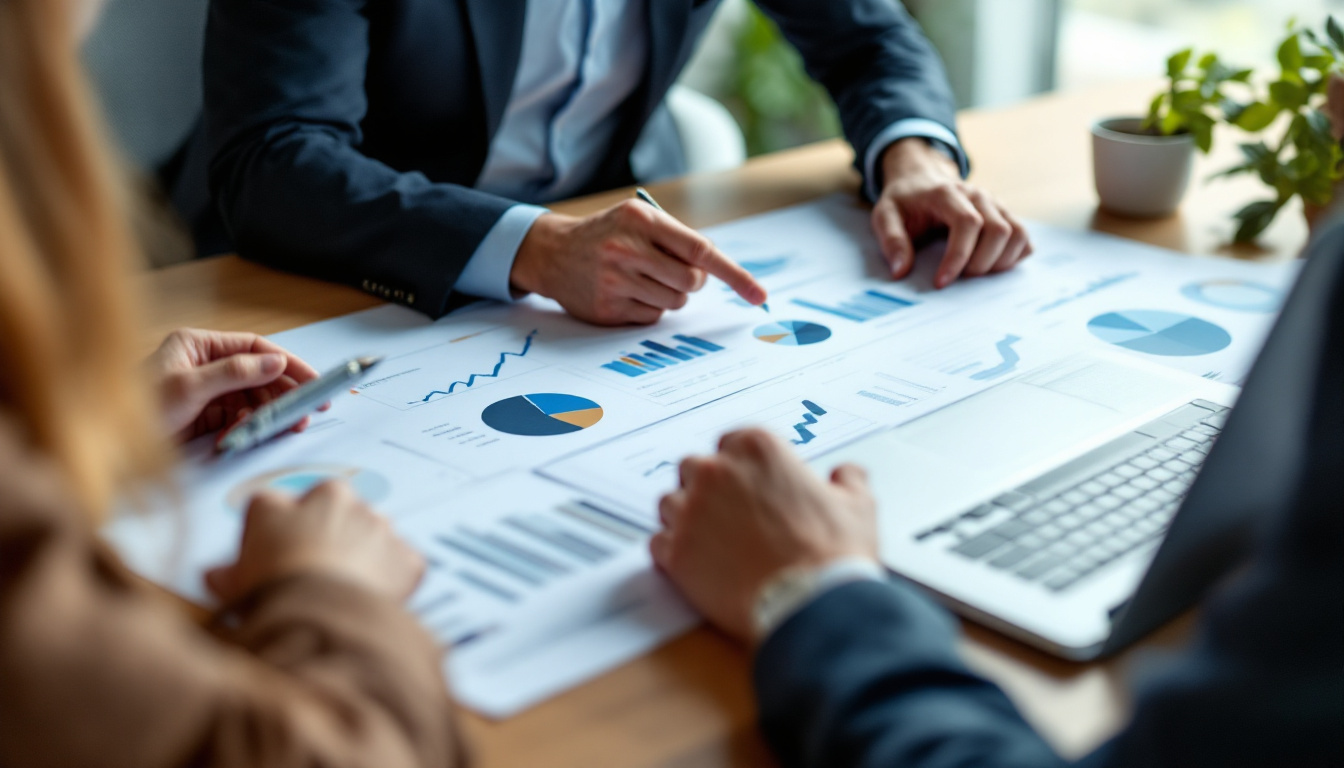 Team wertet gemeinsam Diagramme und Kennzahlen auf Papier zur Marktanalyse aus
