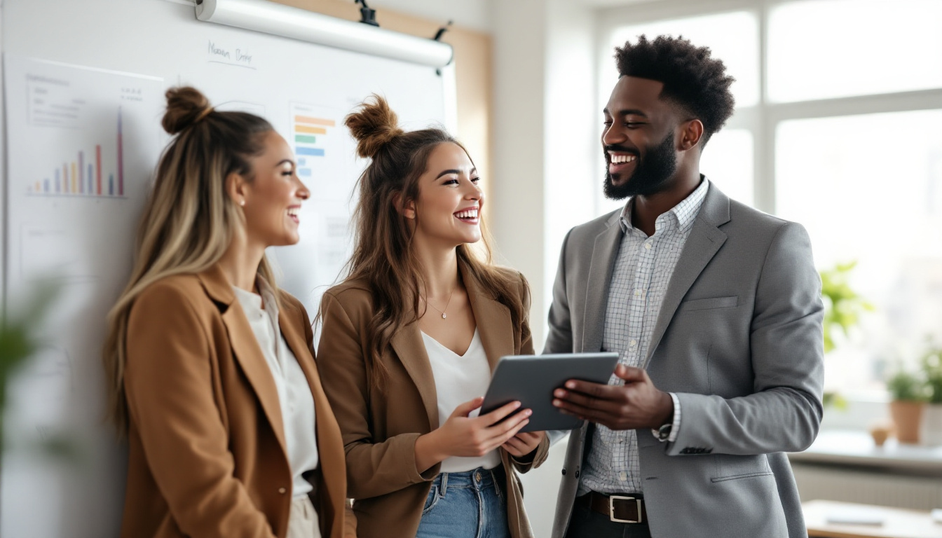 Diverses Startup-Team – zwei Frauen und ein Mann besprechen Kennzahlen am Whiteboard mit einem Tablet