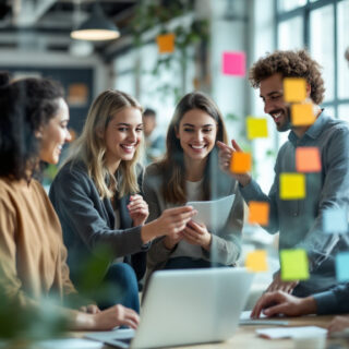 Startup-Team aus vier jungen Kolleginnen und Kollegen bespricht gemeinsam am Laptop Ideen im hellen Büro