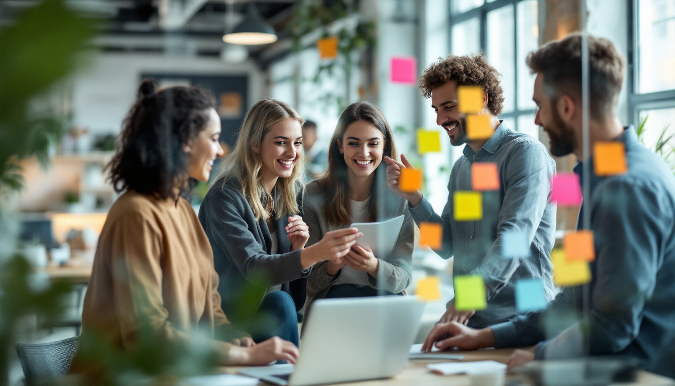 Startup-Team aus vier jungen Kolleginnen und Kollegen bespricht gemeinsam am Laptop Ideen im hellen Büro