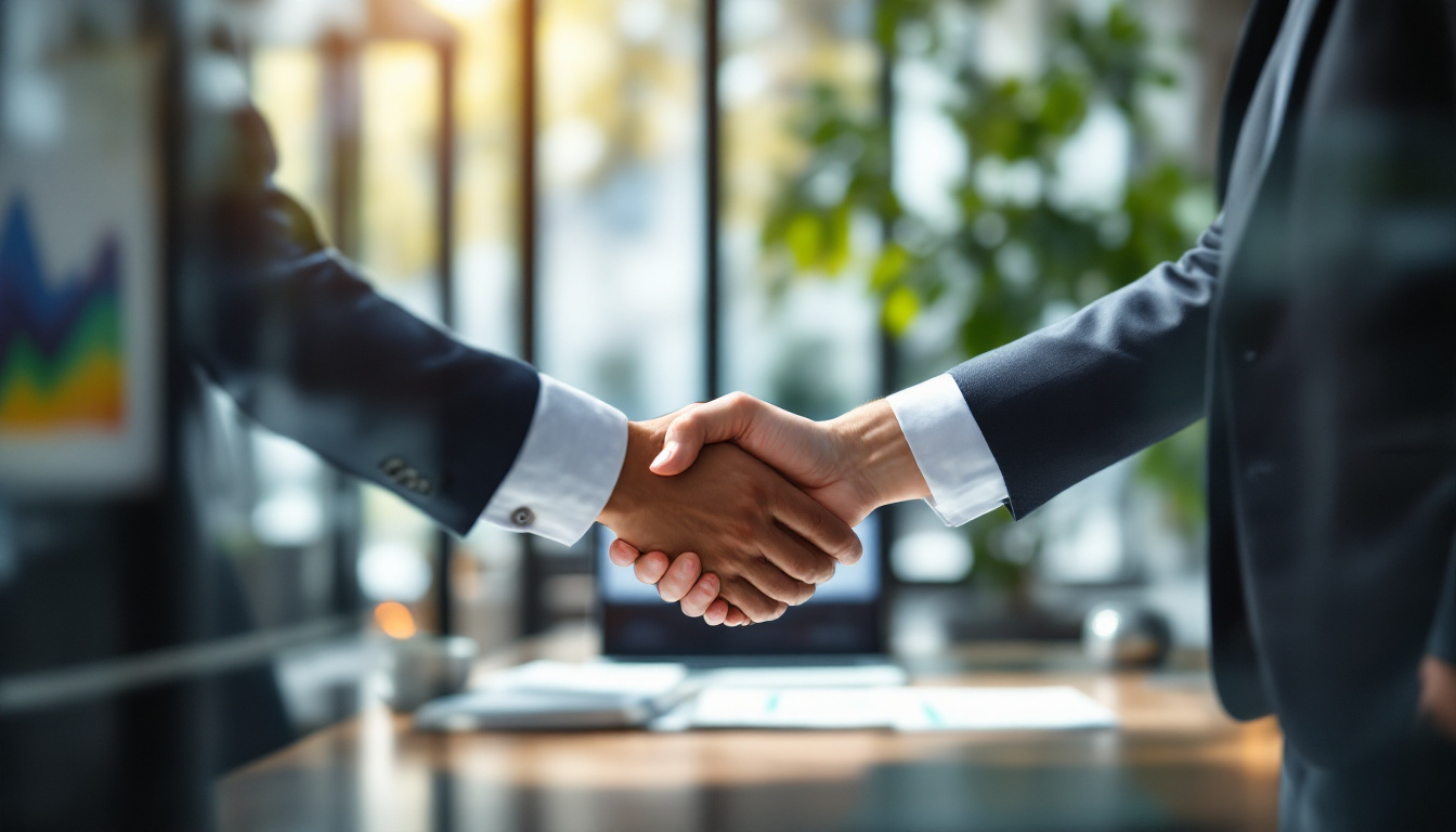 Zwei Geschaeftspartner geben sich nach einem Strategie-Meeting im modernen Buero die Hand