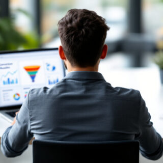 Marketer betrachtet auf einem Laptop einen Conversion-Funnel und Analytics-Diagramme