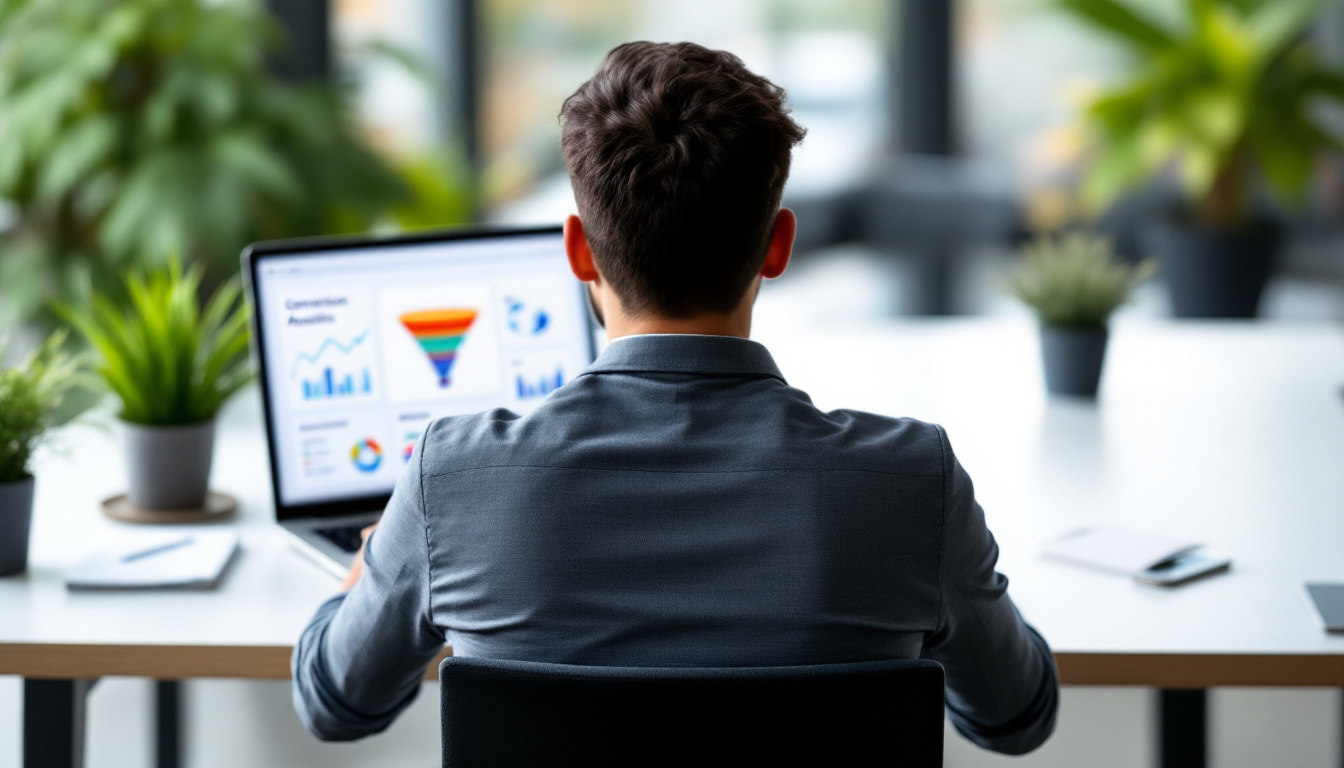 Marketer betrachtet auf einem Laptop einen Conversion-Funnel und Analytics-Diagramme