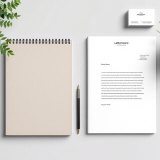 Branding-Mockups mit Visitenkarte, Briefpapier und Notizbuch im einheitlichen Design auf einem Schreibtisch