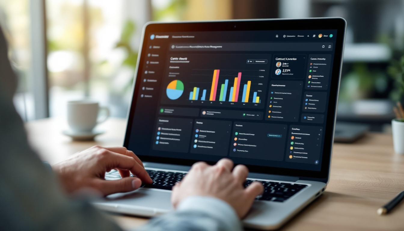 Person nutzt einen Laptop mit einem CRM-Kontakt-Dashboard am Buero-Schreibtisch