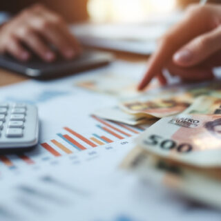 Taschenrechner, Finanzdiagramme und Euro-Scheine auf einem Schreibtisch beim Analysieren der Marge
