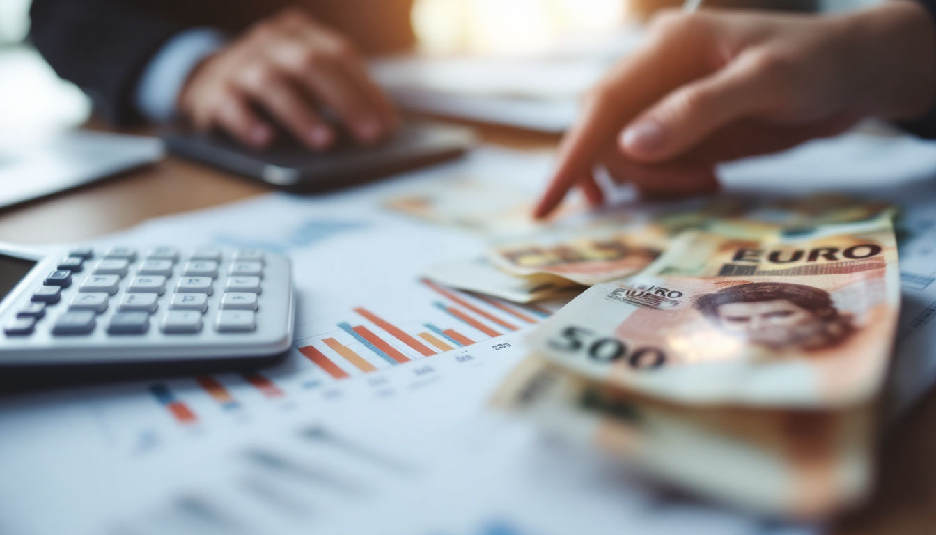 Taschenrechner, Finanzdiagramme und Euro-Scheine auf einem Schreibtisch beim Analysieren der Marge