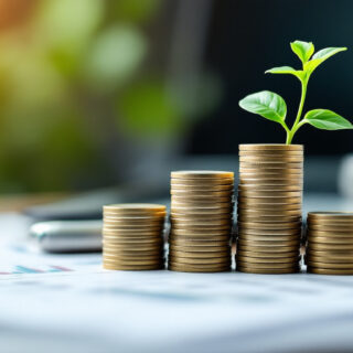 Aufsteigende Muenzstapel neben einer kleinen Pflanze und Finanzdokumenten als Symbol fuer Eigenkapital