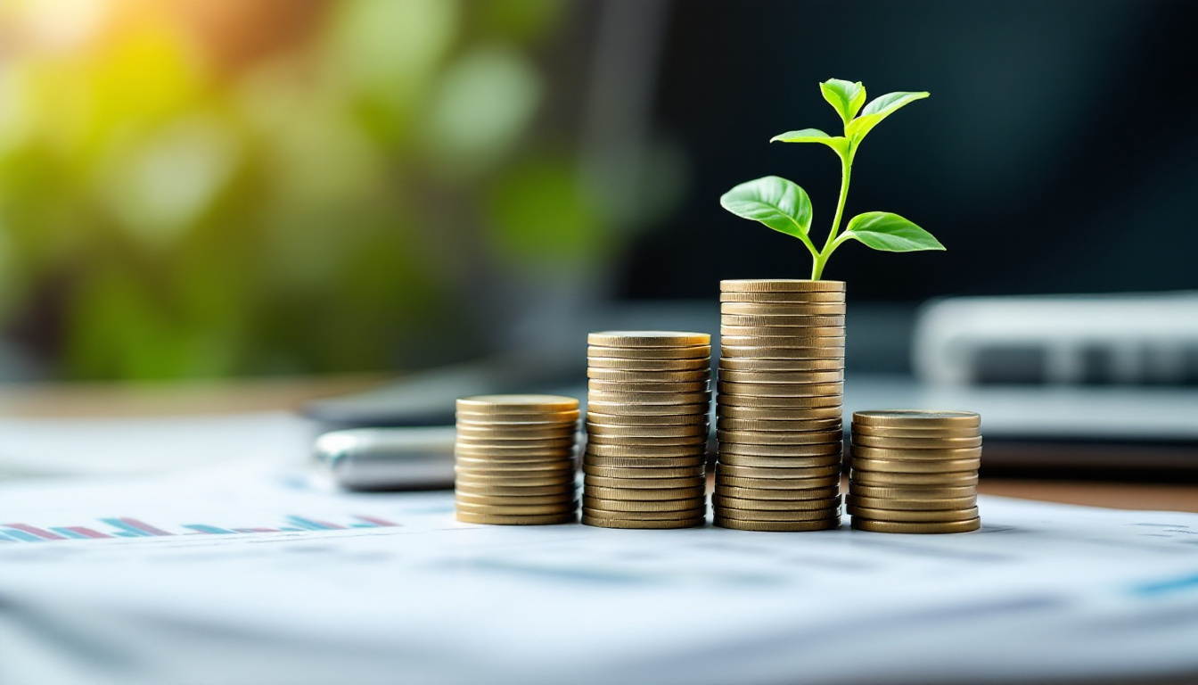 Aufsteigende Muenzstapel neben einer kleinen Pflanze und Finanzdokumenten als Symbol fuer Eigenkapital