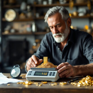 Goldankäufer wiegt Altgold und Bruchgold auf einer Feinwaage, daneben Lupe und Ankaufsbeleg