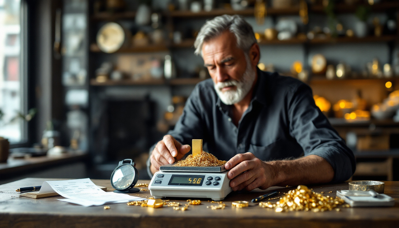 Goldankäufer wiegt Altgold und Bruchgold auf einer Feinwaage, daneben Lupe und Ankaufsbeleg