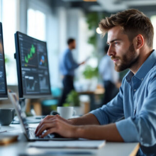 IT-Berater mit Startup-Hintergrund arbeitet am Laptop im modernen Büro
