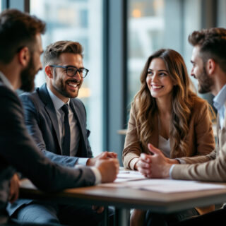 Freundliches Vertriebsteam im Buero im Gespraech mit einem neuen Kunden am Tisch