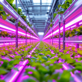 LED Pflanzenlampen über Salatpflanzen in einer Vertical Farm