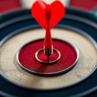Roter Dartpfeil im Bullseye einer Dartscheibe als Sinnbild fuer klare Positionierung