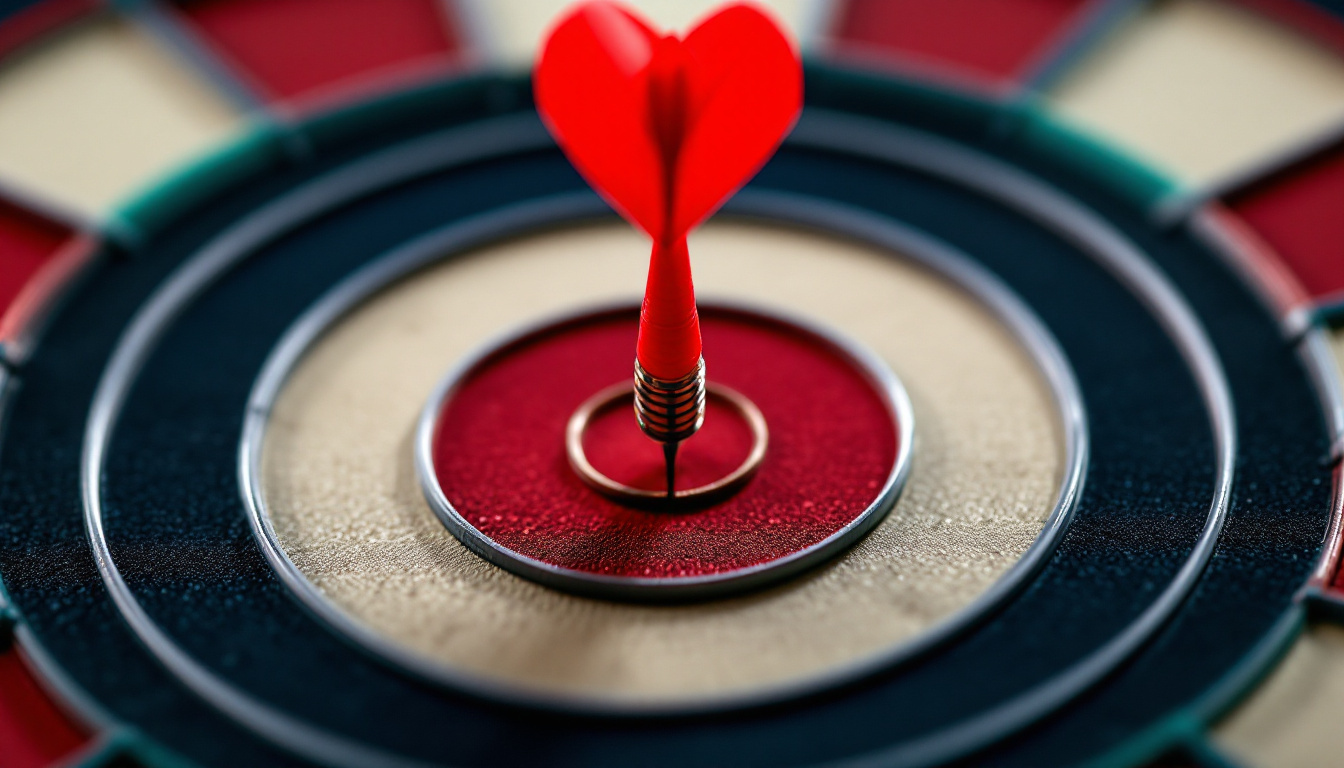 Roter Dartpfeil im Bullseye einer Dartscheibe als Sinnbild fuer klare Positionierung