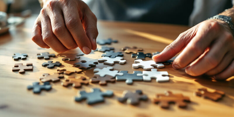 Team prueft die Produkt-Markt-Passung (Product-Market-Fit) am fast fertigen Puzzle