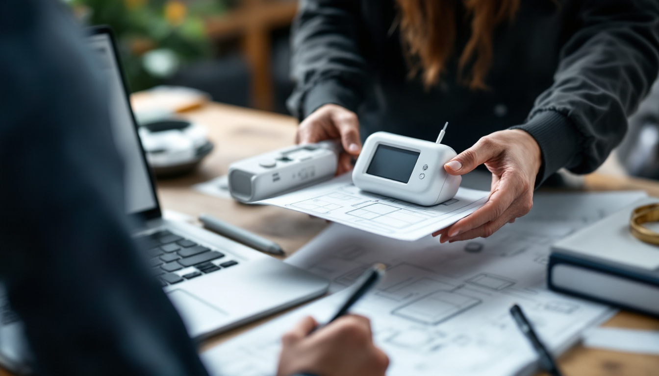 Designer haelt einen fruehen Produktprototyp neben Wireframe-Skizzen und Laptop auf einem Werkstatt-Tisch