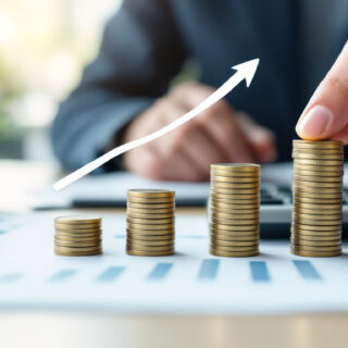 Hand stapelt aufsteigende Muenzen neben Taschenrechner und Pflanze als Symbol fuer Return on Investment
