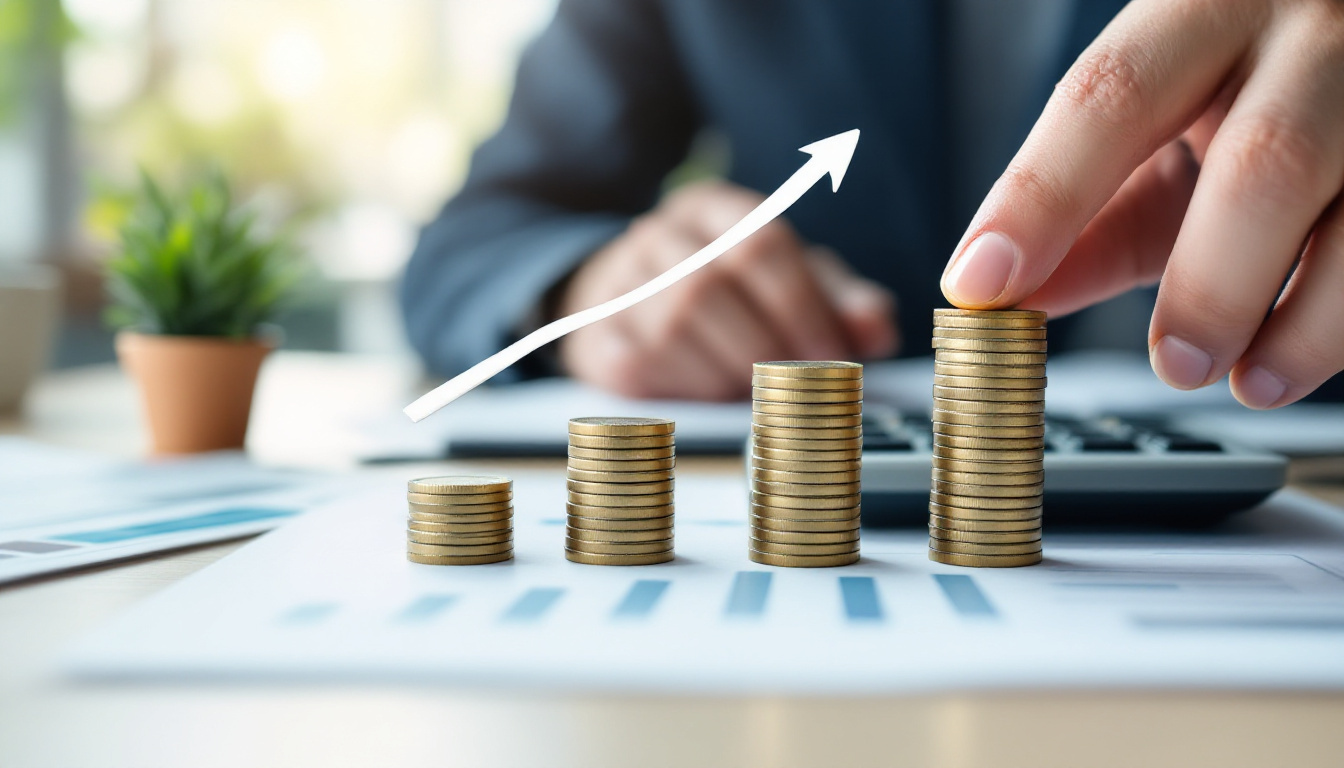 Hand stapelt aufsteigende Muenzen neben Taschenrechner und Pflanze als Symbol fuer Return on Investment