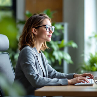 Frau mit Bildschirmbrille sitzt am ergonomischen Schreibtisch und blickt vom Monitor weg ins Tageslicht