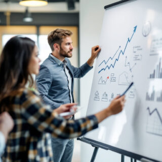 Business-Team am Whiteboard plant eine Wachstumsstrategie mit Pfeilen und Diagrammen