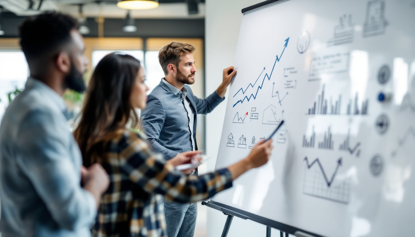 Business-Team am Whiteboard plant eine Wachstumsstrategie mit Pfeilen und Diagrammen