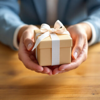 Zwei Haende ueberreichen ein mit Schleife verziertes Geschenk als Sinnbild fuer das Wertversprechen