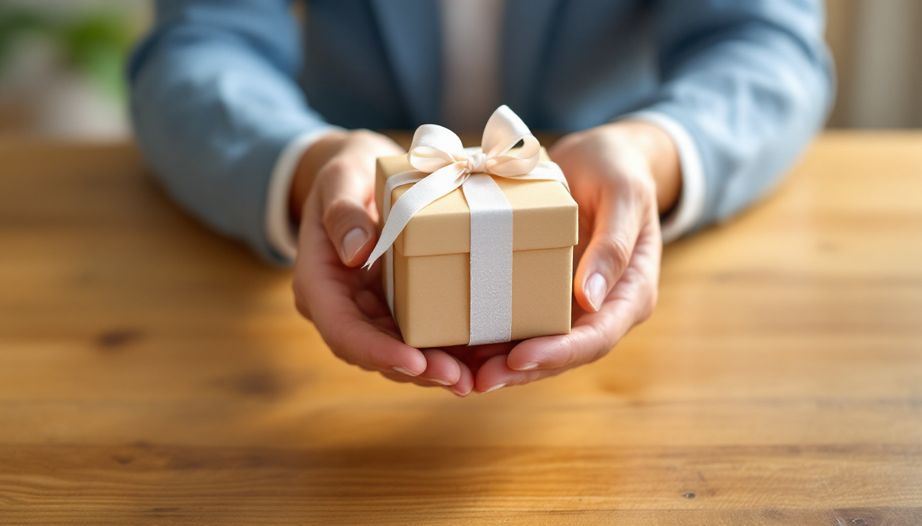 Zwei Haende ueberreichen ein mit Schleife verziertes Geschenk als Sinnbild fuer das Wertversprechen
