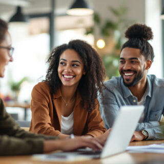 Diverse Gruppe junger Menschen im Gespraech in einem modernen Coworking-Space als Sinnbild fuer die Zielgruppe