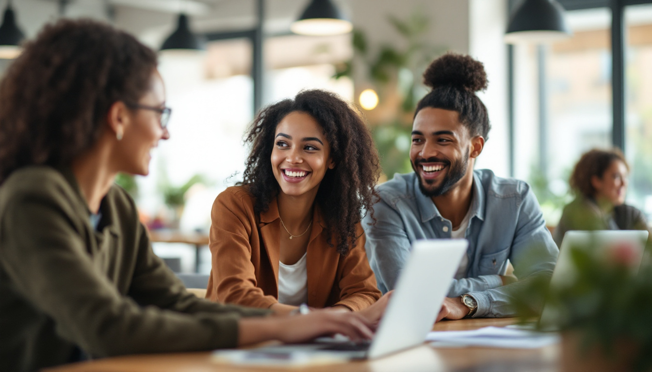 Diverse Gruppe junger Menschen im Gespraech in einem modernen Coworking-Space als Sinnbild fuer die Zielgruppe